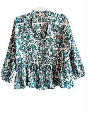 LOFT Petites Blouse Aqua Pink Floral Flowy SP